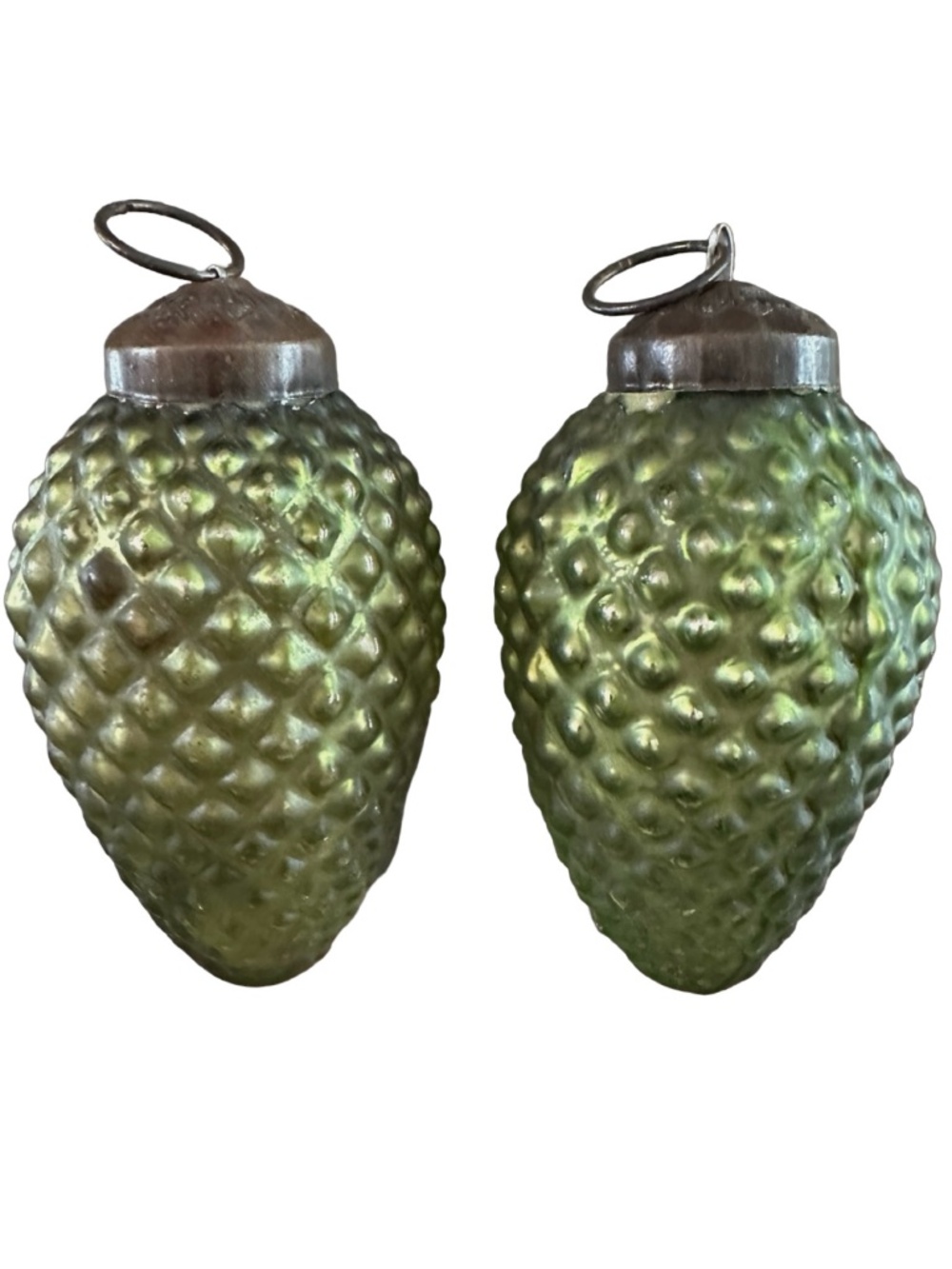Green Mercury Glass Christmas Ornament (lot of 2) Pinecone Shaped Kugel Style